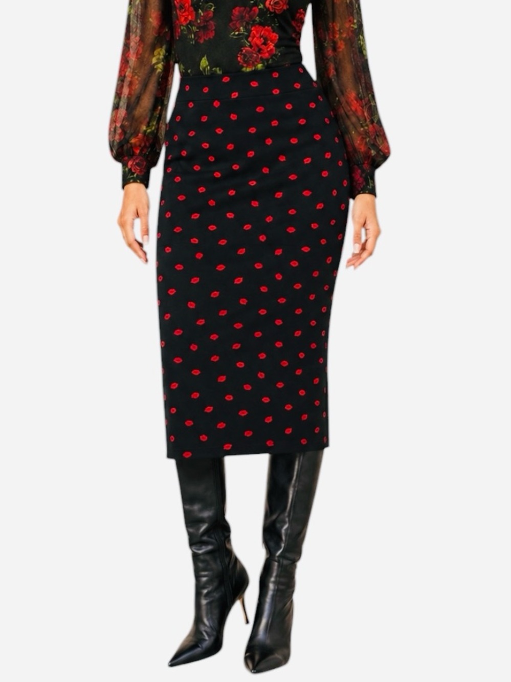 H & M Black Red Lip Print Midi Pencil Skirt | Novelty Statement Style | Medium